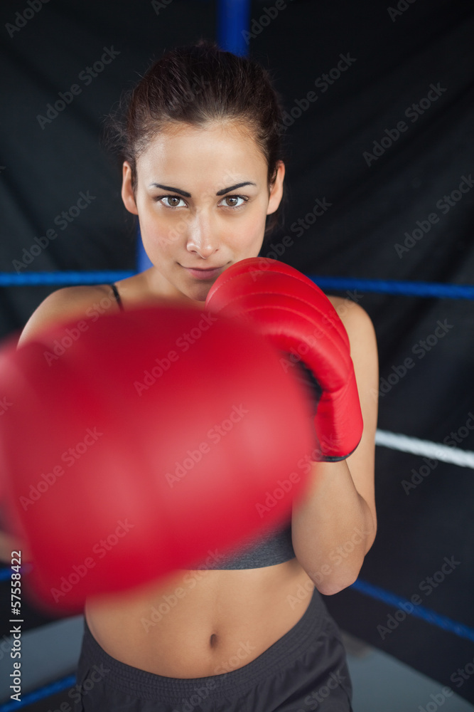 Beautiful woman in red boxing gloves in the ring Beautiful woman in red boxing gloves in the ring