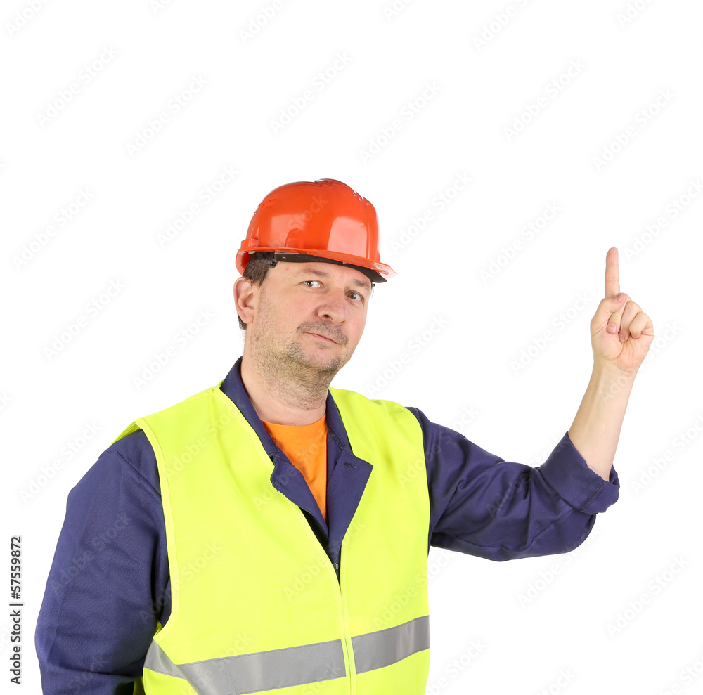Worker in hard hat with hand up.