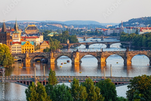 View of Vltava River and bridges shined with sunset sun, Prague