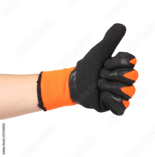 Thumbs up with a black rubber glove