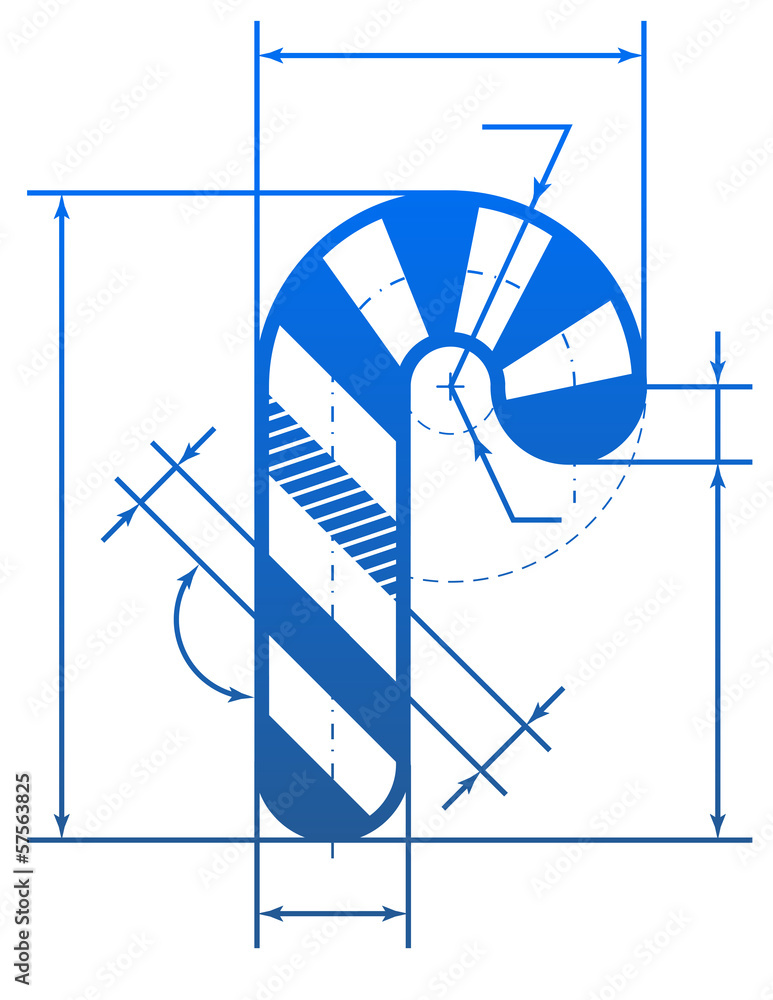 Christmas candy cane symbol with dimension lines of blueprint Stock
