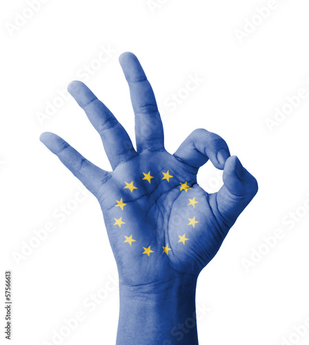 Hand making Ok sign, EU (European Union) flag painted