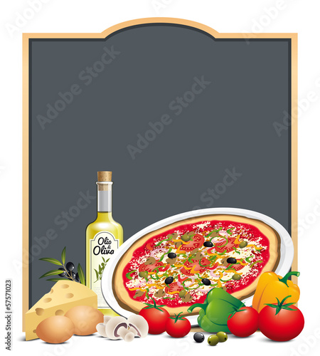 Pizza et ingrédients, fond ardoise
