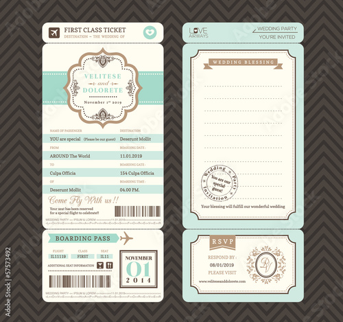 Vintage style Boarding Pass Ticket Wedding Invitation Template V
