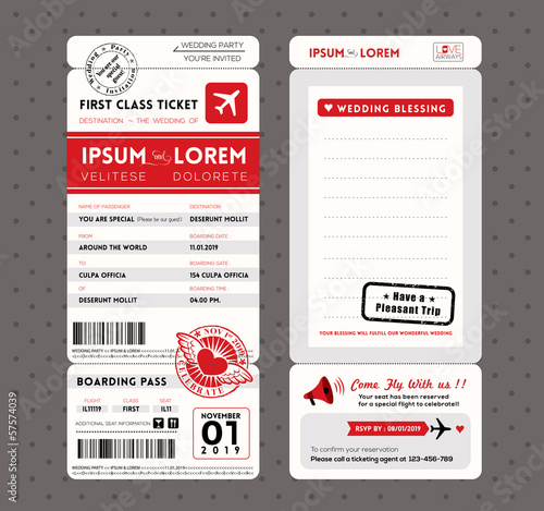 Modern Boarding Pass Wedding Invitation design Template Vector