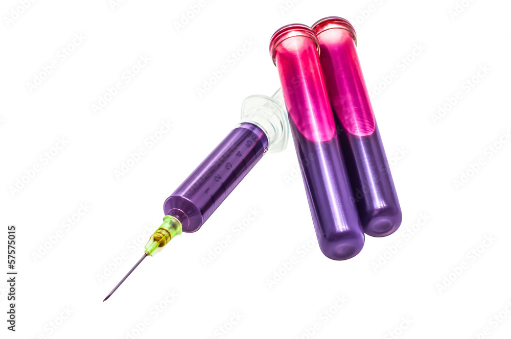 hypodermic syringe and Blood sample in a test tube. hypodermic syringe and Blood sample in a test tube.