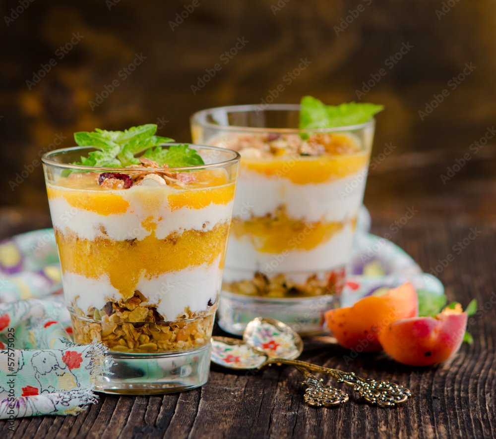 Yoghurt dessert with granola and fresh peach closeup Yoghurt dessert with granola and fresh peach closeup