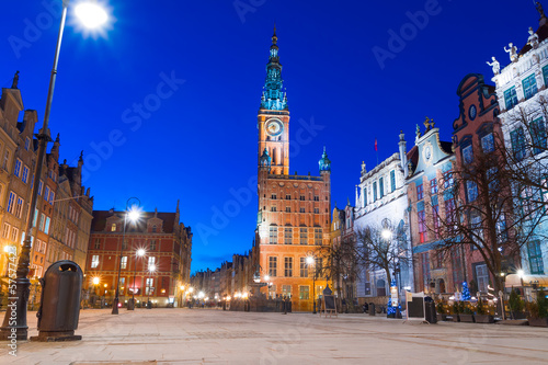 Old town of Gdansk with city hall at night, Poland