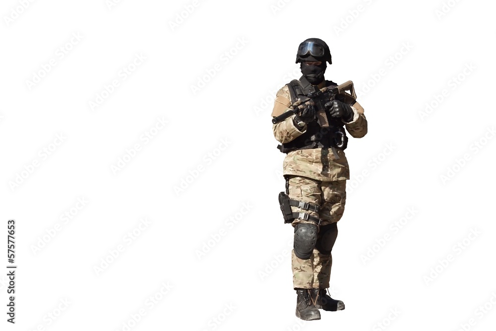 Special Forces soldier, with assault rifle, isolated on white Special Forces soldier, with assault rifle, isolated on white