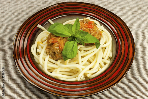 Meat balls and spaghetti in ceramic plate