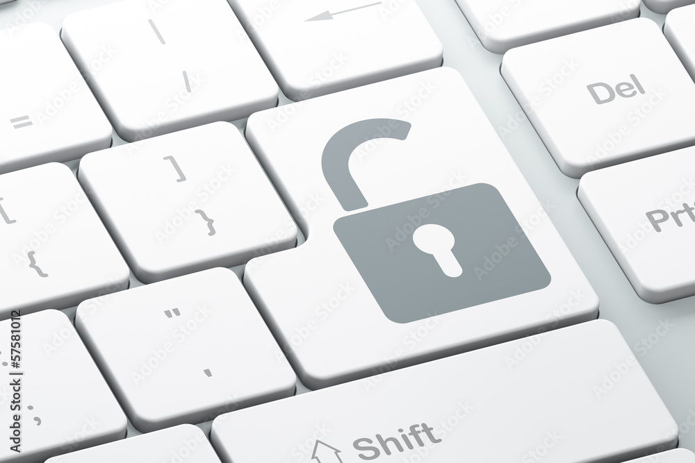 Safety concept: Opened Padlock on computer keyboard background Safety concept: Opened Padlock on computer keyboard background