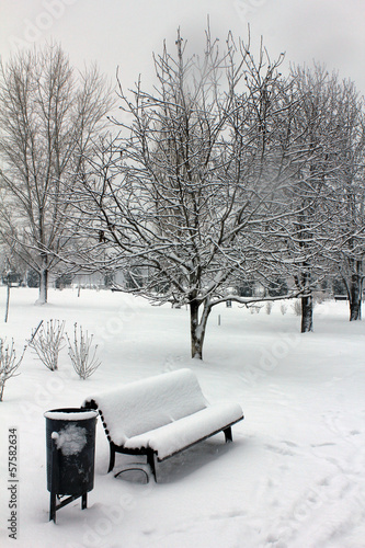 Snow covered bench in the park