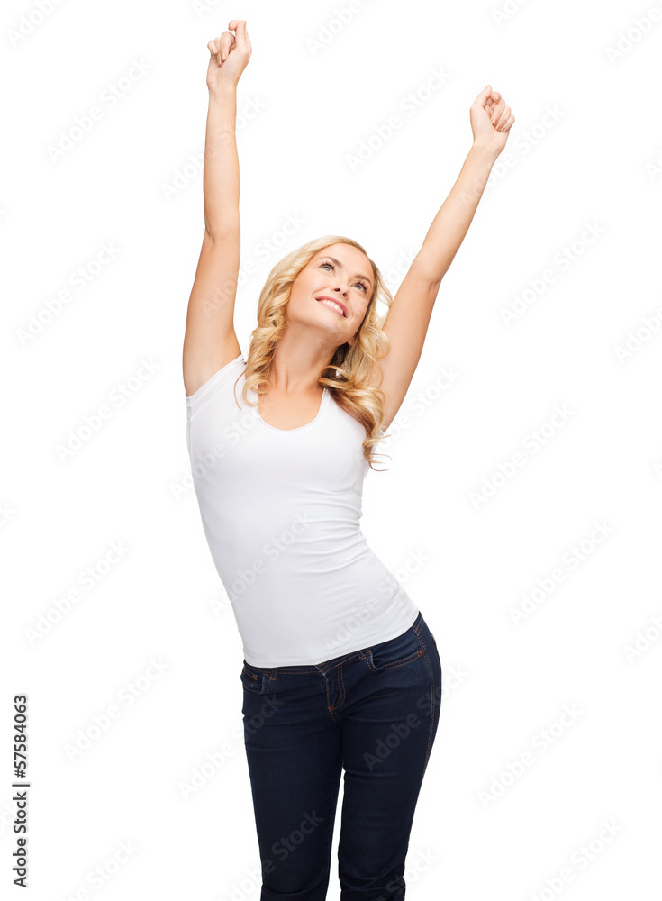 happy dancing woman in blank white t-shirt