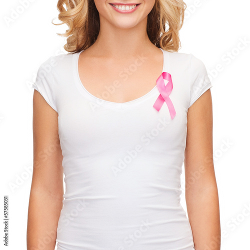 woman with pink cancer awareness ribbon