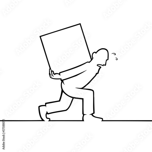 Black line art illustration of a man carrying a heavy box.