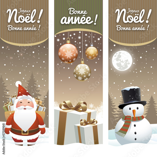 Carte de vœux, père Noël, cadeaux, bonhomme de neige
