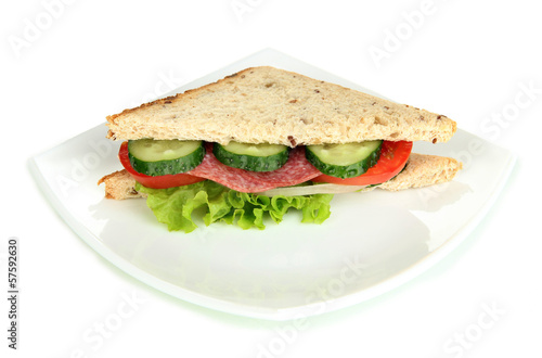 Tasty sandwich with salami sausage and vegetables