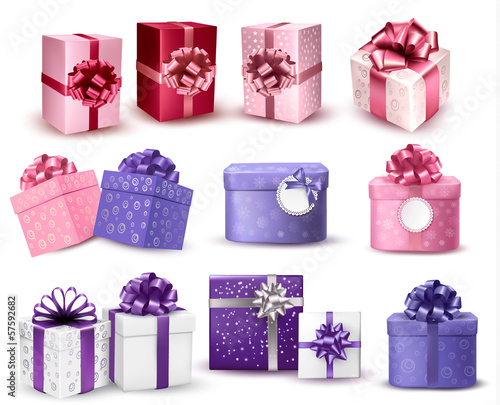 Set of colorful gift boxes with bows and ribbons. Vector illustr