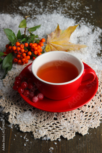 Still life with orange viburnum tea in cup, berries and snow,