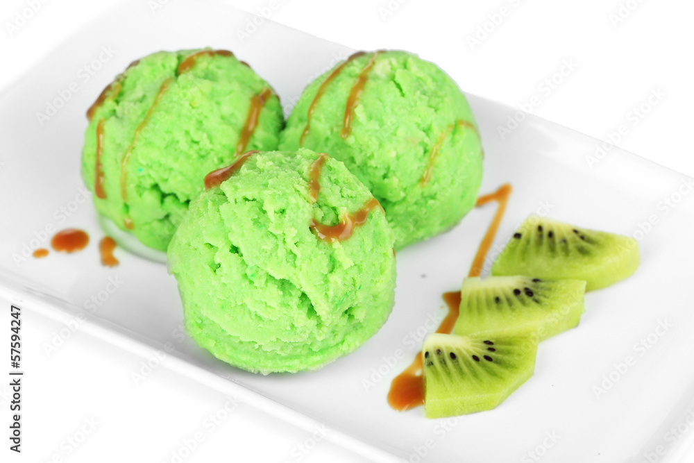Delicious ice cream on plate isolated on white Delicious ice cream on plate isolated on white