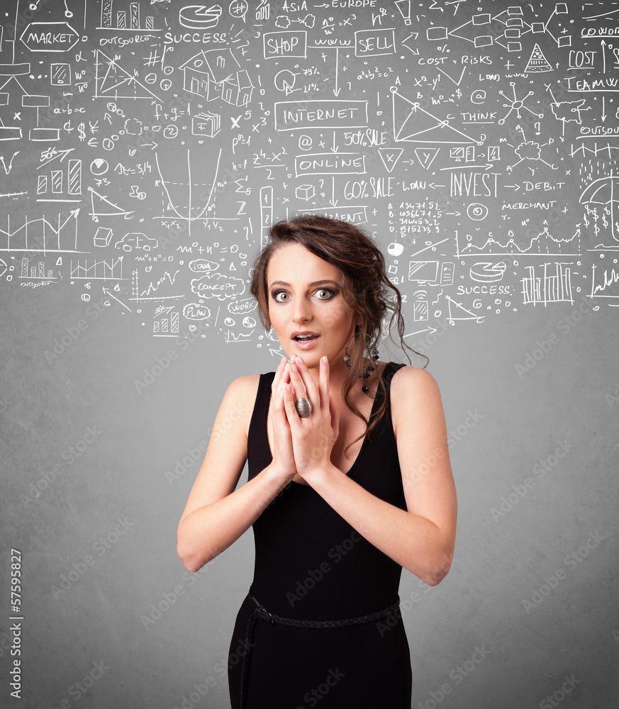 Young pretty lady with hand drawn calculations and icons Young pretty lady with hand drawn calculations and icons