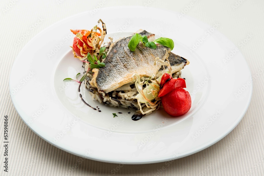 Roasted sea bass with white and wild rice