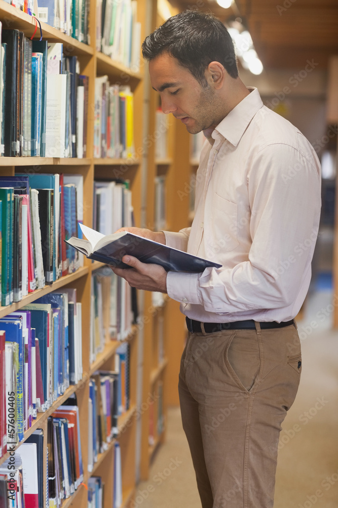 Handsome man reading concentrated a book standing in library Handsome man reading concentrated a book standing in library