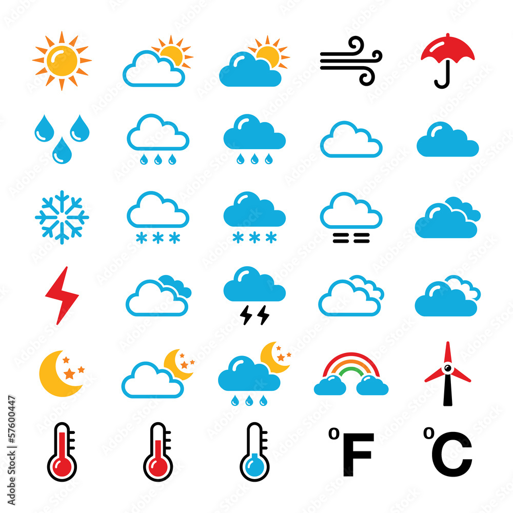 Fototapeta premium Weather forecast colorful vector icons set