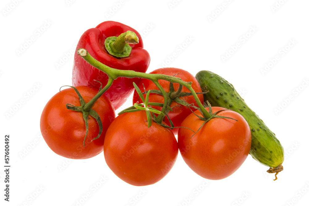 Red pepper, tomato branch and cucumber Red pepper, tomato branch and cucumber