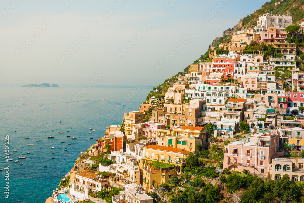 View of the Positano city at sunrise on Amalfi Coast, Italy