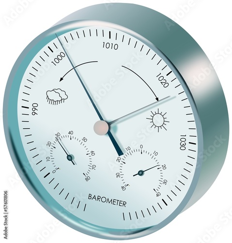 Metal analogue barometer with dials and symbols of weather