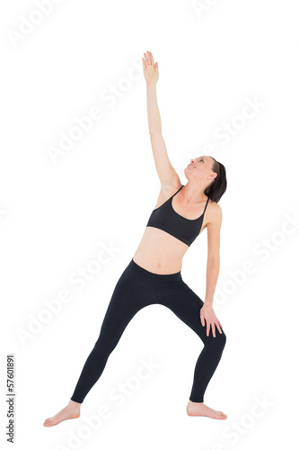 Sporty woman stretching hand over white background