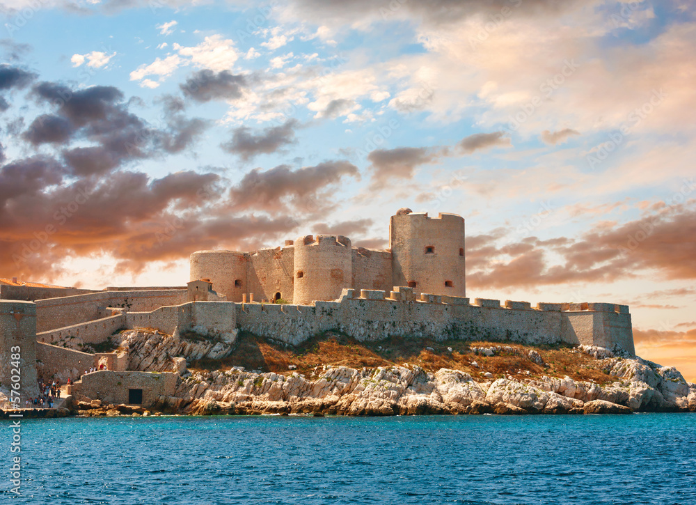 Sunset over famous If castle, chateau d'If, Marseille, France
