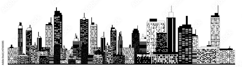 A black and white illustration of city skyline. A black and white illustration of city skyline.