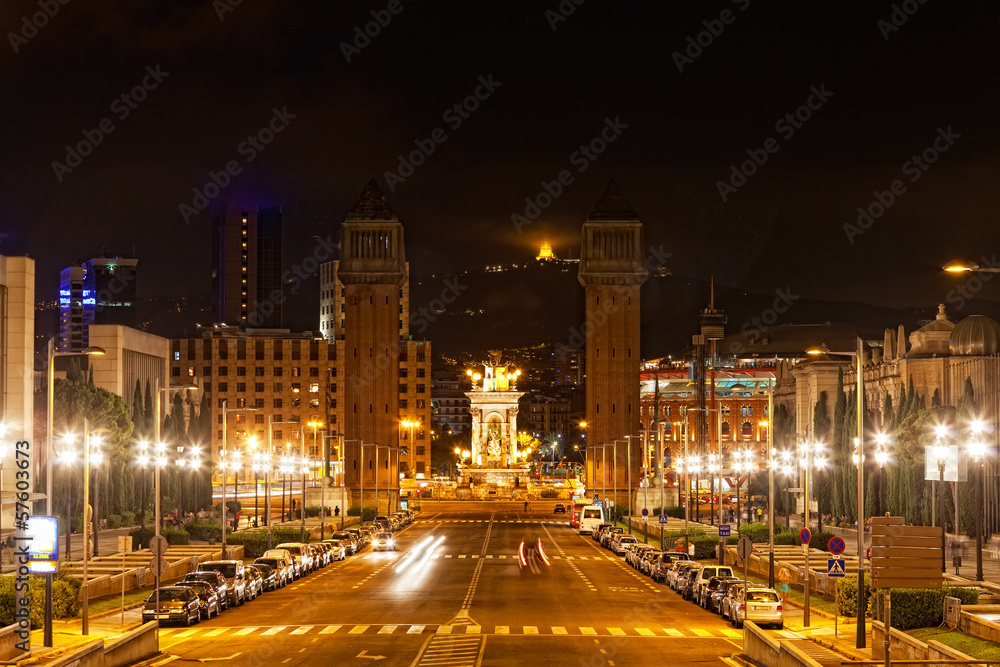 Espanya Square in Barcelona and National Palace at night