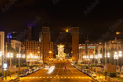 Espanya Square in Barcelona and National Palace at night