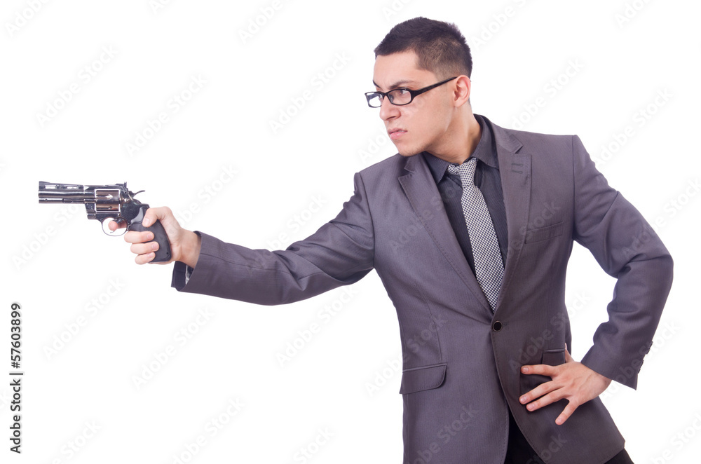 Funny businessman with gun on white Funny businessman with gun on white