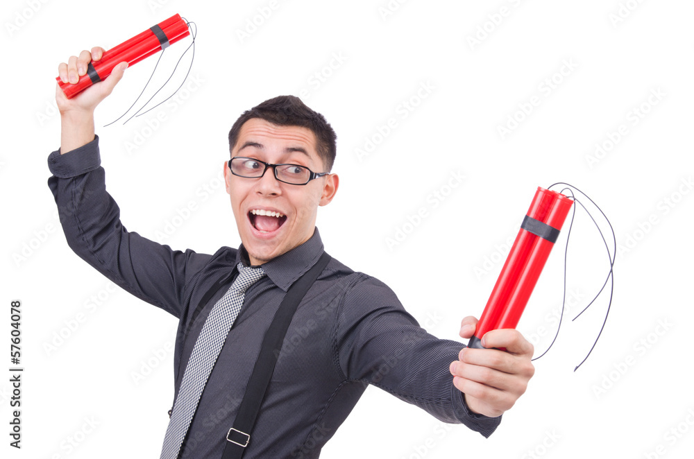 Businessman with dynamite isolated on white Businessman with dynamite isolated on white