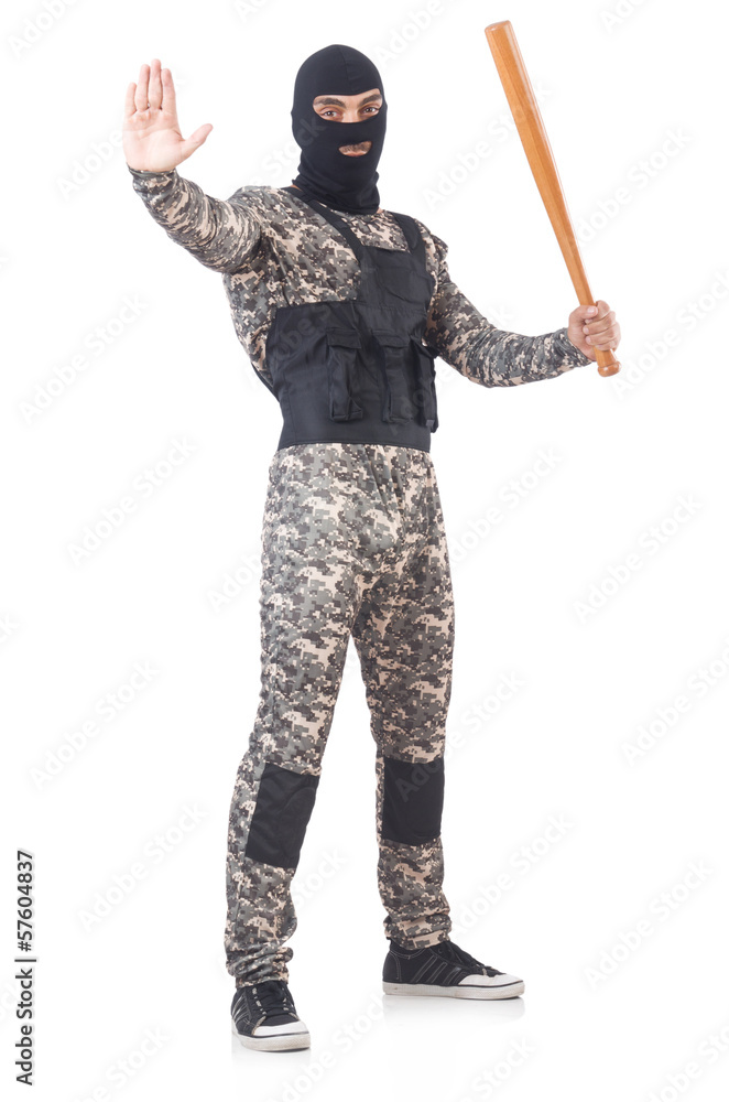 Soldier with baseball bat isolated on white Soldier with baseball bat isolated on white