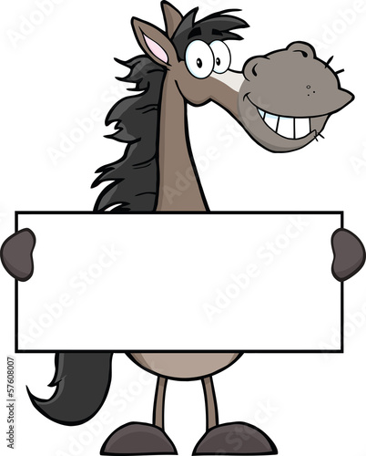 Grey Horse Cartoon Mascot Character Holding A Banner