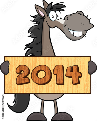 Grey Horse Cartoon Mascot Character Holding A Banner With Text