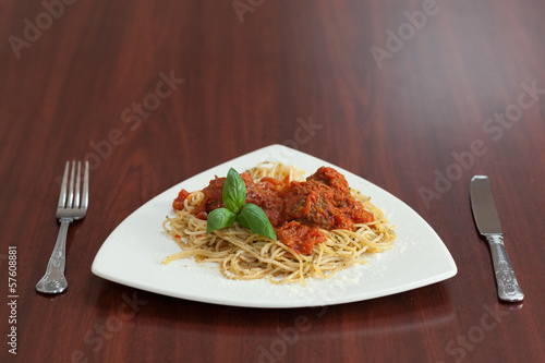 Front view of spaghetti and meatballs