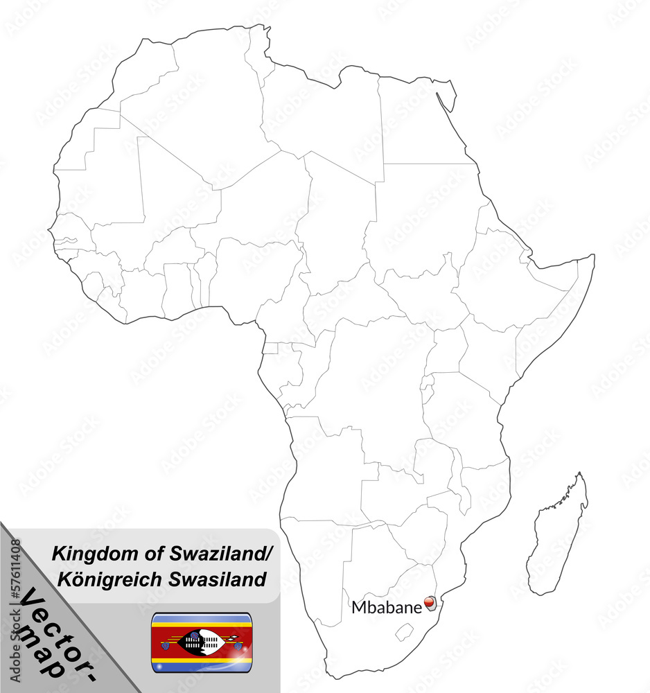 Inselkarte von Swasiland mit Hauptstädten in Grau
