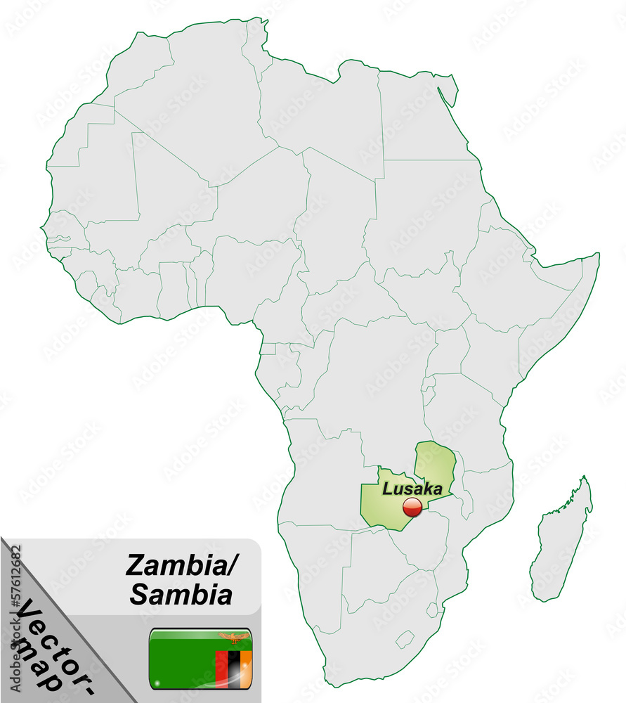 Inselkarte von Sambia mit Hauptstädten in Pastelgrün