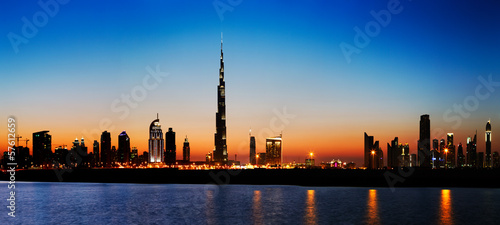 Dubai skyline at dusk seen from the Gulf Coast
