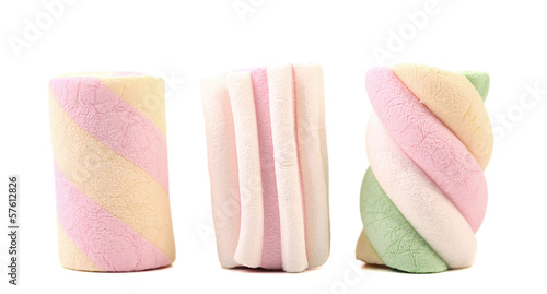 Three different colorful marshmallow. Close up.