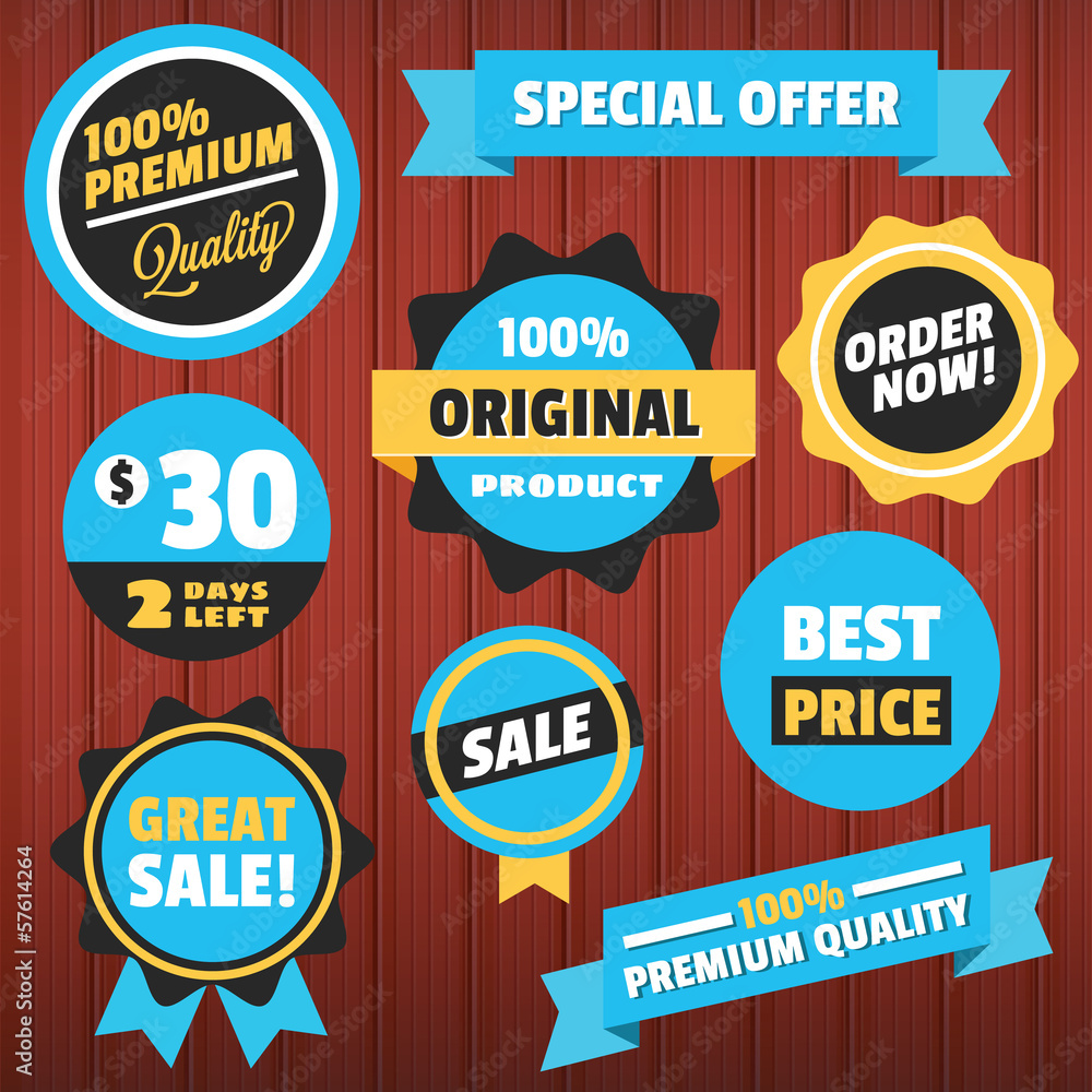 Set of Vector Badges Stickers and Ribbons on Wooden Background