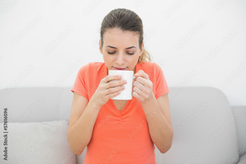 Lovely calm woman smelling a cup sitting on couch Lovely calm woman smelling a cup sitting on couch