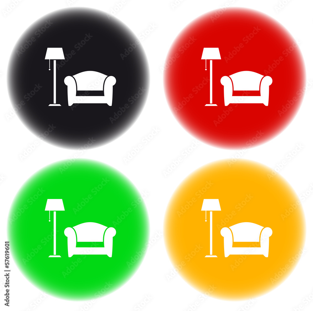 icon with floor lamp, armchair on glossy button icon with floor lamp, armchair on glossy button
