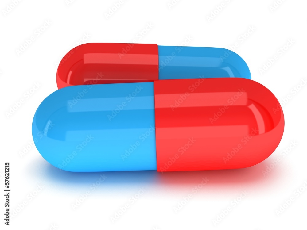 Half red blue pill capsule. 3D Illustration Adobe Stock